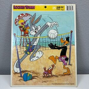 1990 Looney Tunes Frame-Tray Puzzle Bugs Bunny Daffy Duck Beach Volleyball VTG